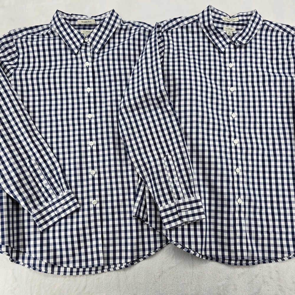 LL Bean Shirt Mens XL Button Down Navy Gingham Wrinkle Free Cotton Bundle Lot 2
